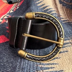 Black Leather Women’s Belt with Antique Brass Braided Buckle XS